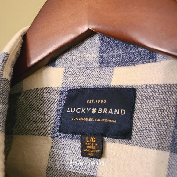 Lucky Brand Blue White Plaid Pearl Snap Flannel Shirt Men's Size Large - Picture 7 of 10